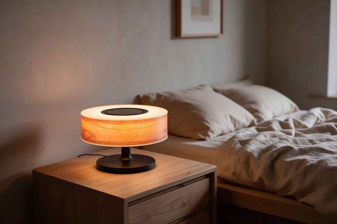 A calm Japandi bedroom at dusk with a warm wooden table lamp glowing on a light oak nightstand, linen bedding, and soft 2700K light