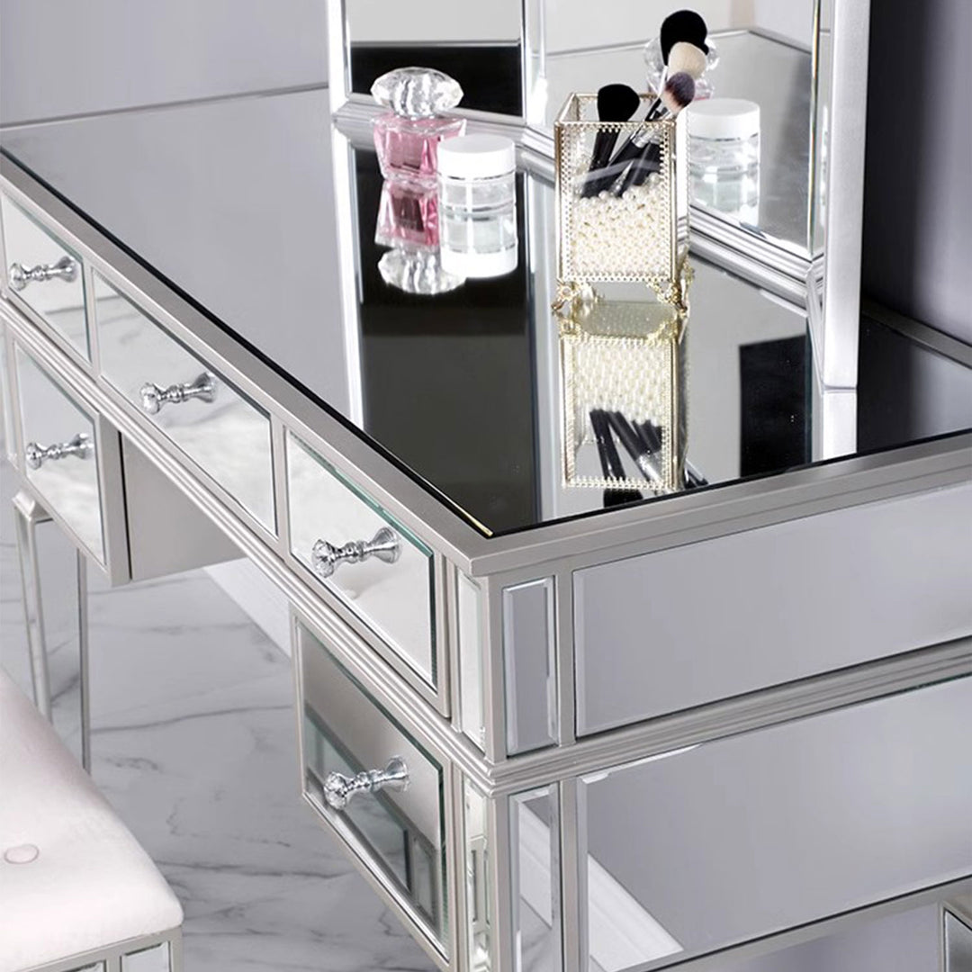 Elegant Mirrored Vanity Set with 5 Drawer Dresser Table, Mirror & Stool