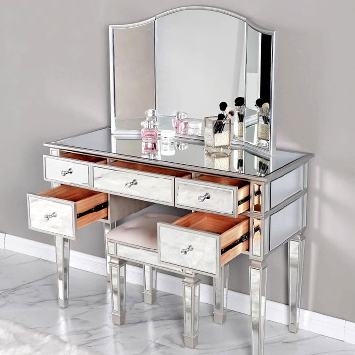 Elegant Mirrored Vanity Set with 5 Drawer Dresser Table, Mirror & Stool
