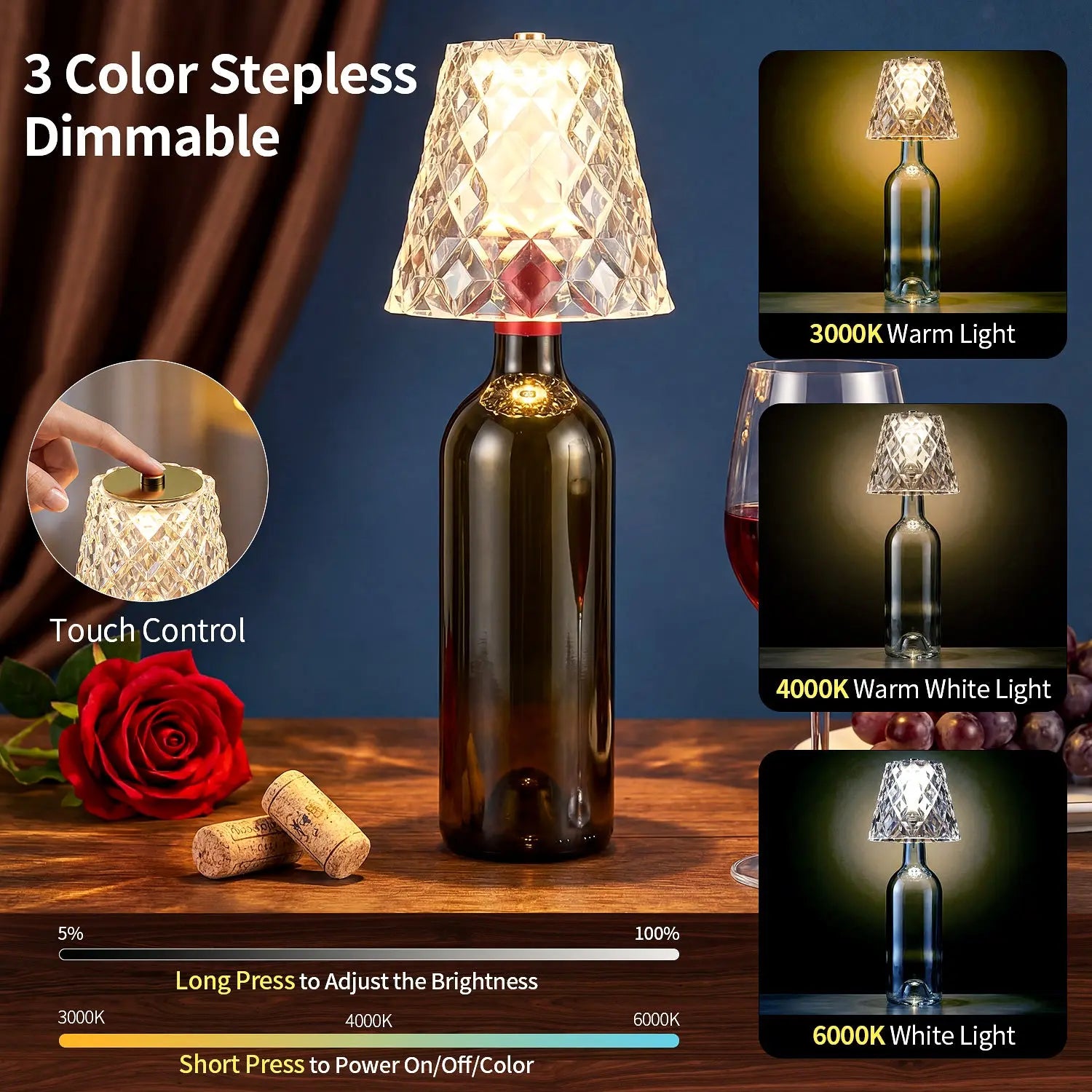 Masdio 3-Color Touch Rechargeable Wireless Bottle Lamp Masdio