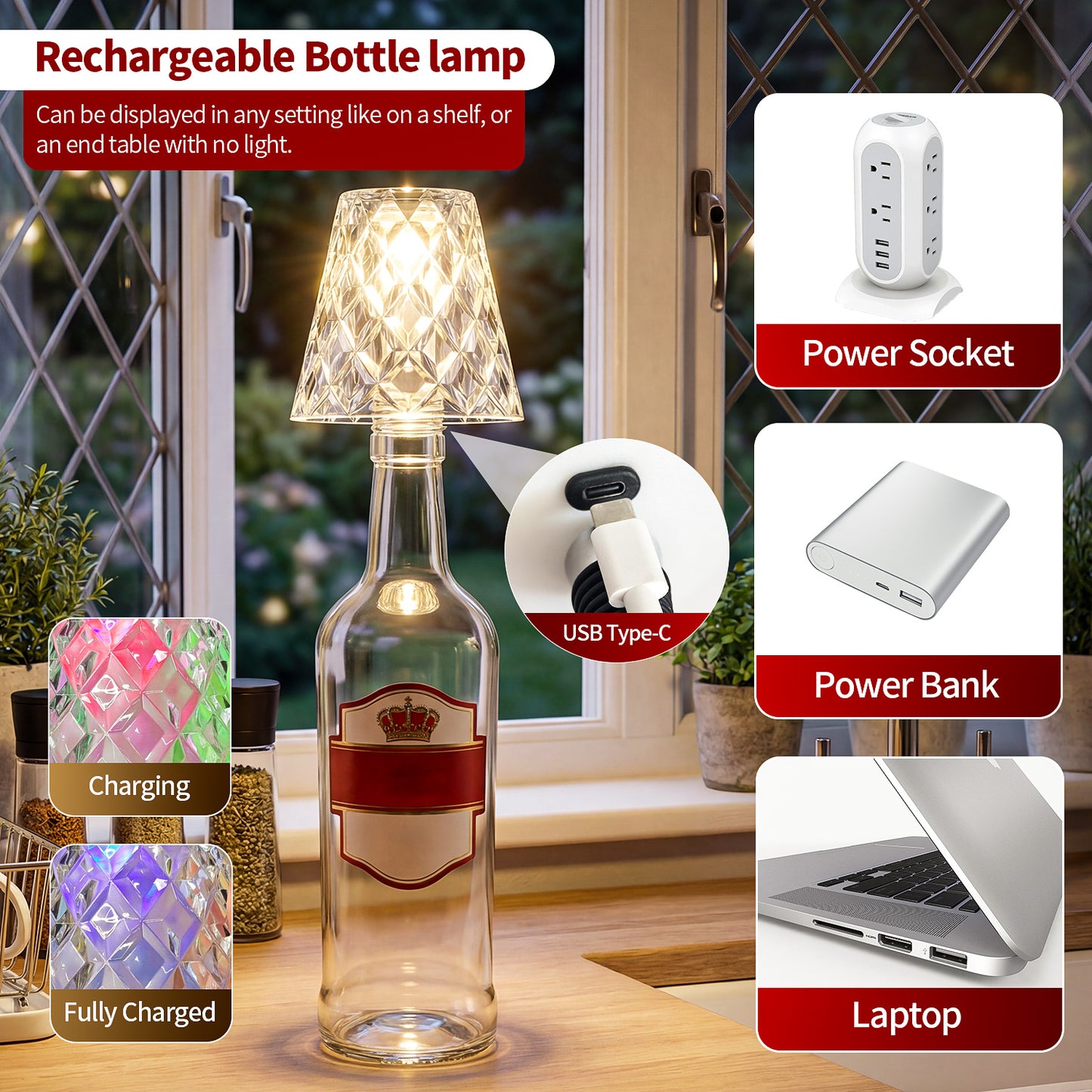 Masdio 3色タッチ充電式ワイヤレスボトルランプ