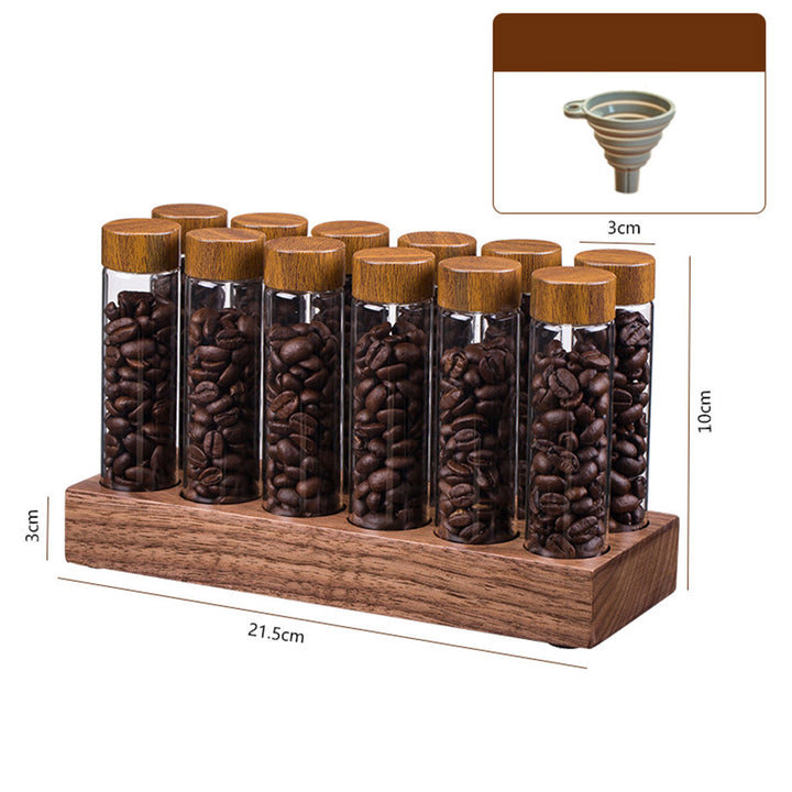 Walnut Wood Coffee Bean Canister Display Stand with High Borosilicate Glass Vials